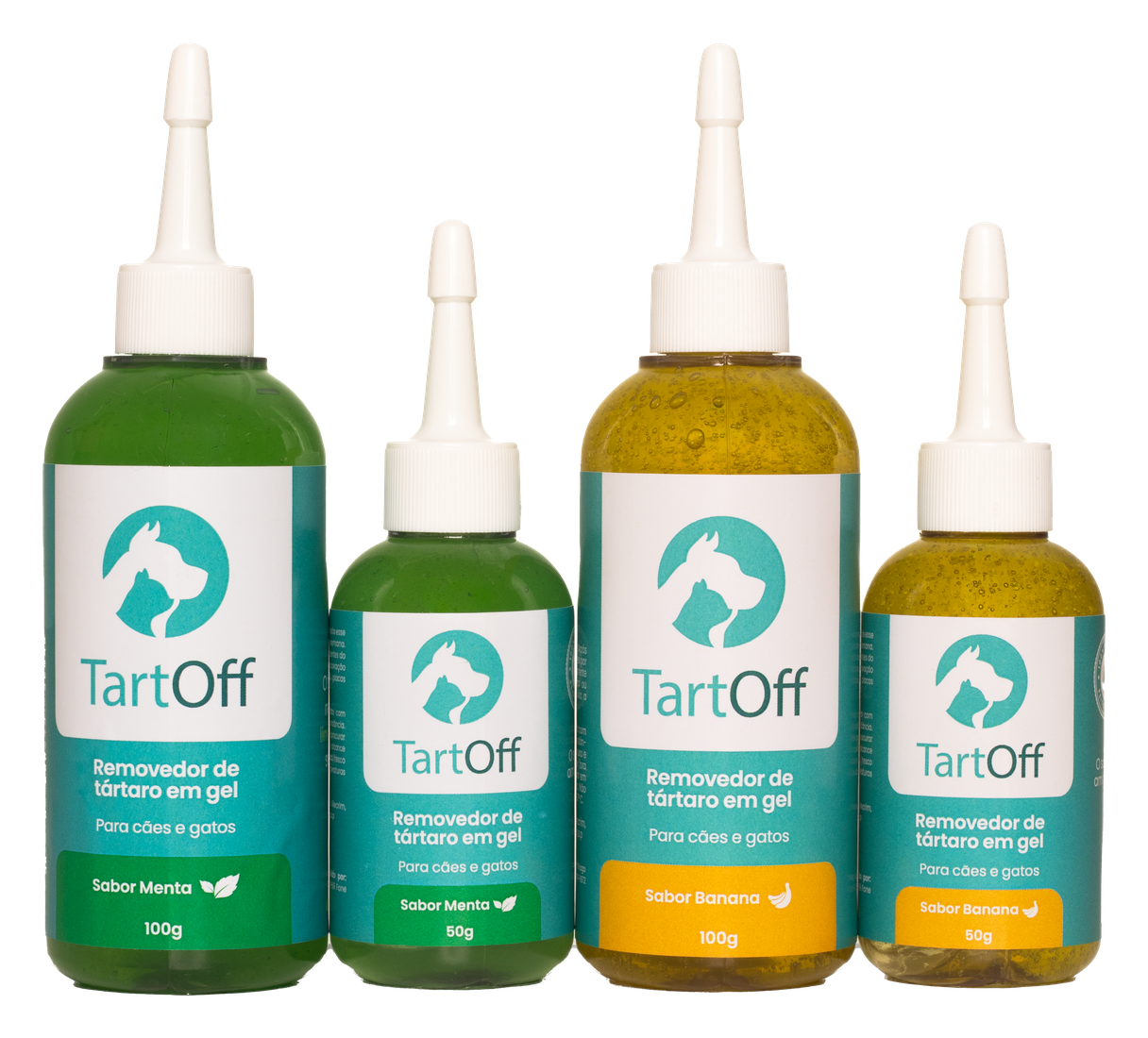 Linha TartOff completa — Gel Dental sabores Menta e Banana, 50g e 100g, para cães e gatos